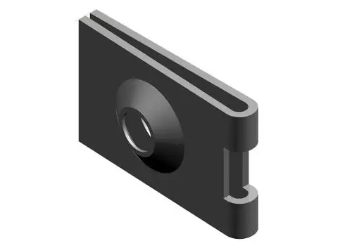 BOSCH Blechmutter in schwarz mit runder Vertiefung, seitlichem Schlitz und klaren Kanten. Eignet sich zur Befestigung in verschiedenen Anwendungen.